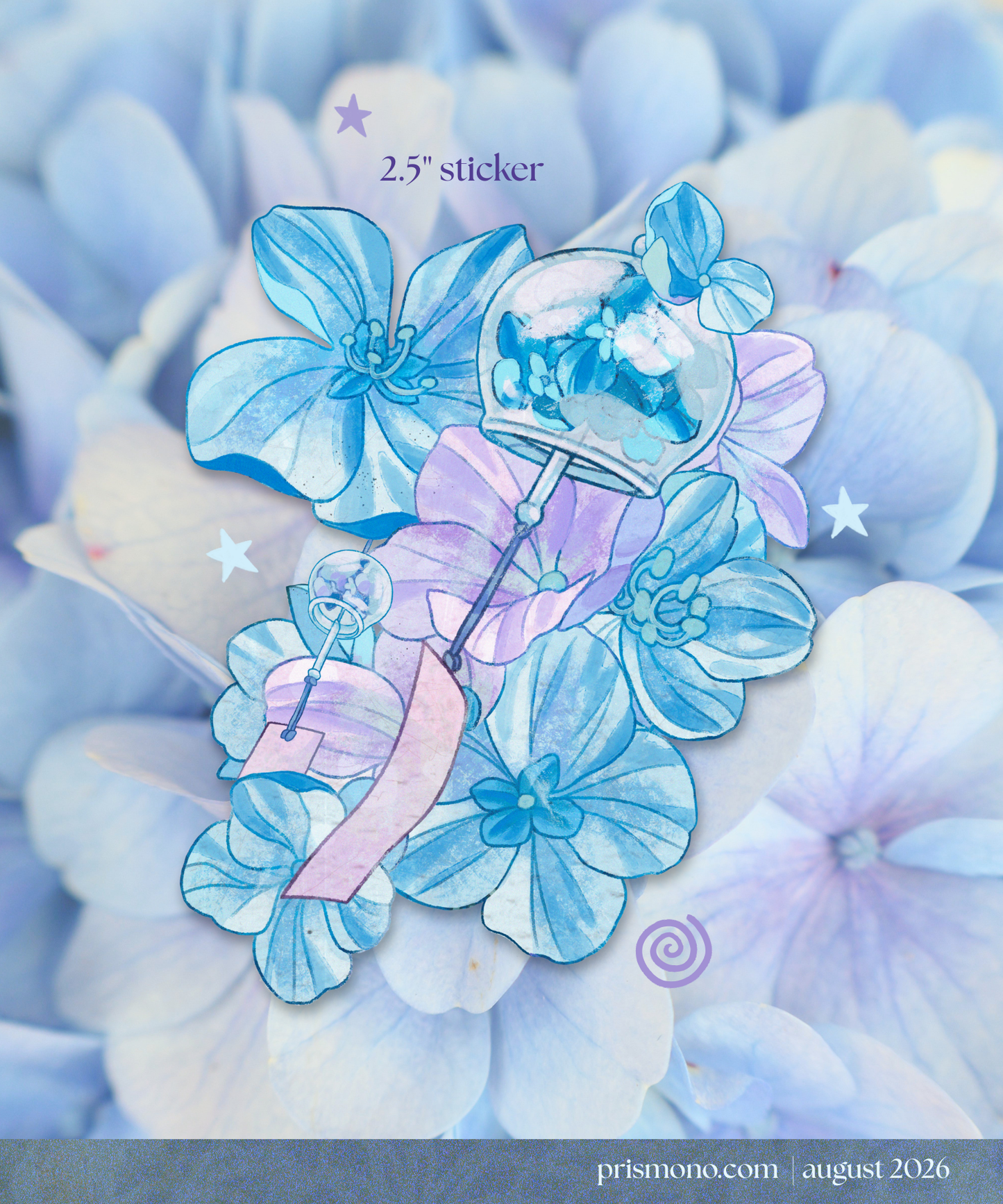 A decorative sticker design featuring blue and lavender flowers with a small wind chime and stars, shown over a soft background of pale blue hydrangea-like petals.