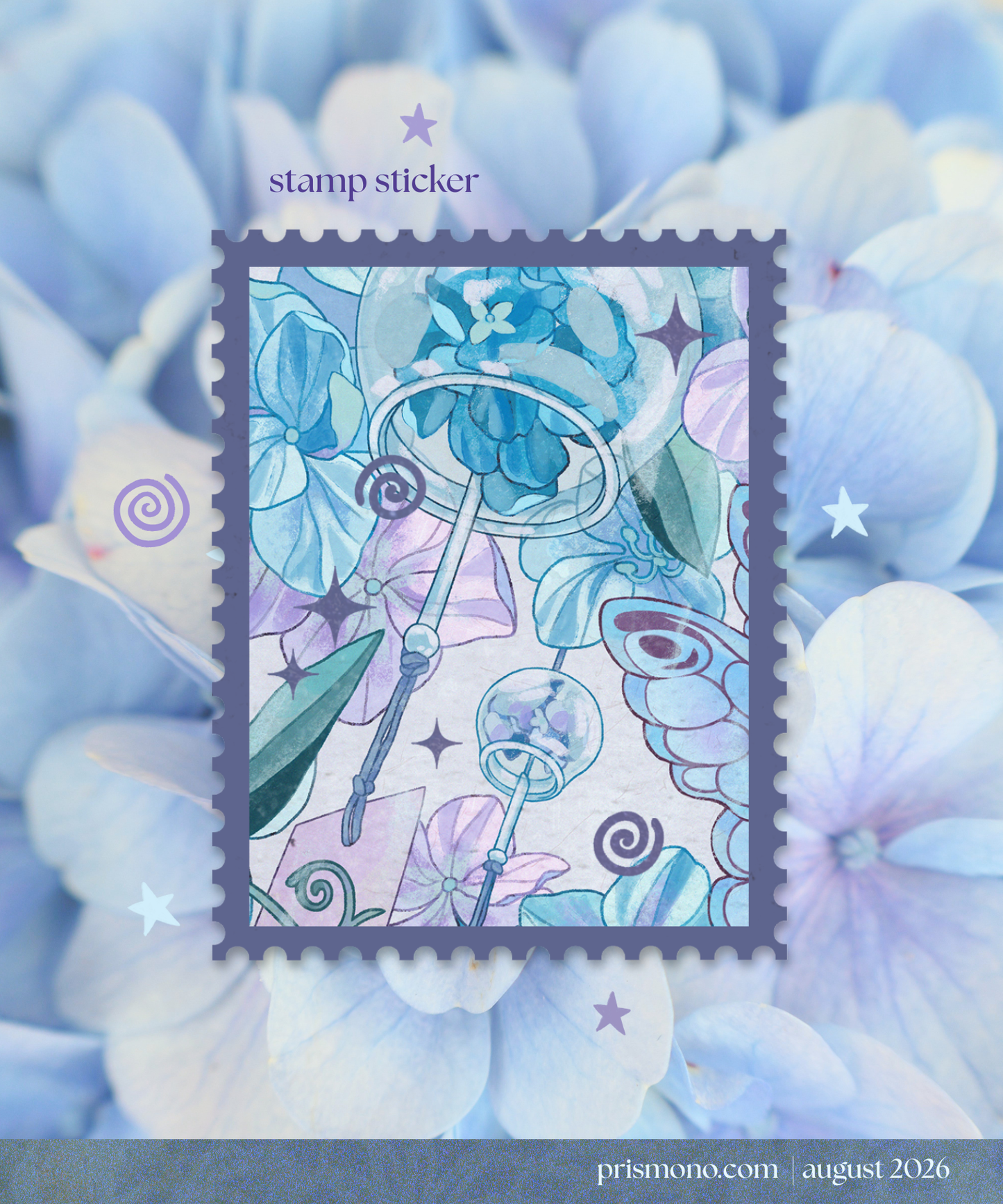 A square stamp sticker design featuring pastel blue, purple, and green floral artwork with a stylized wind chime and stars, centered over a blurred background of pale blue hydrangea-like flowers. Text at the top reads 'stamp sticker'.