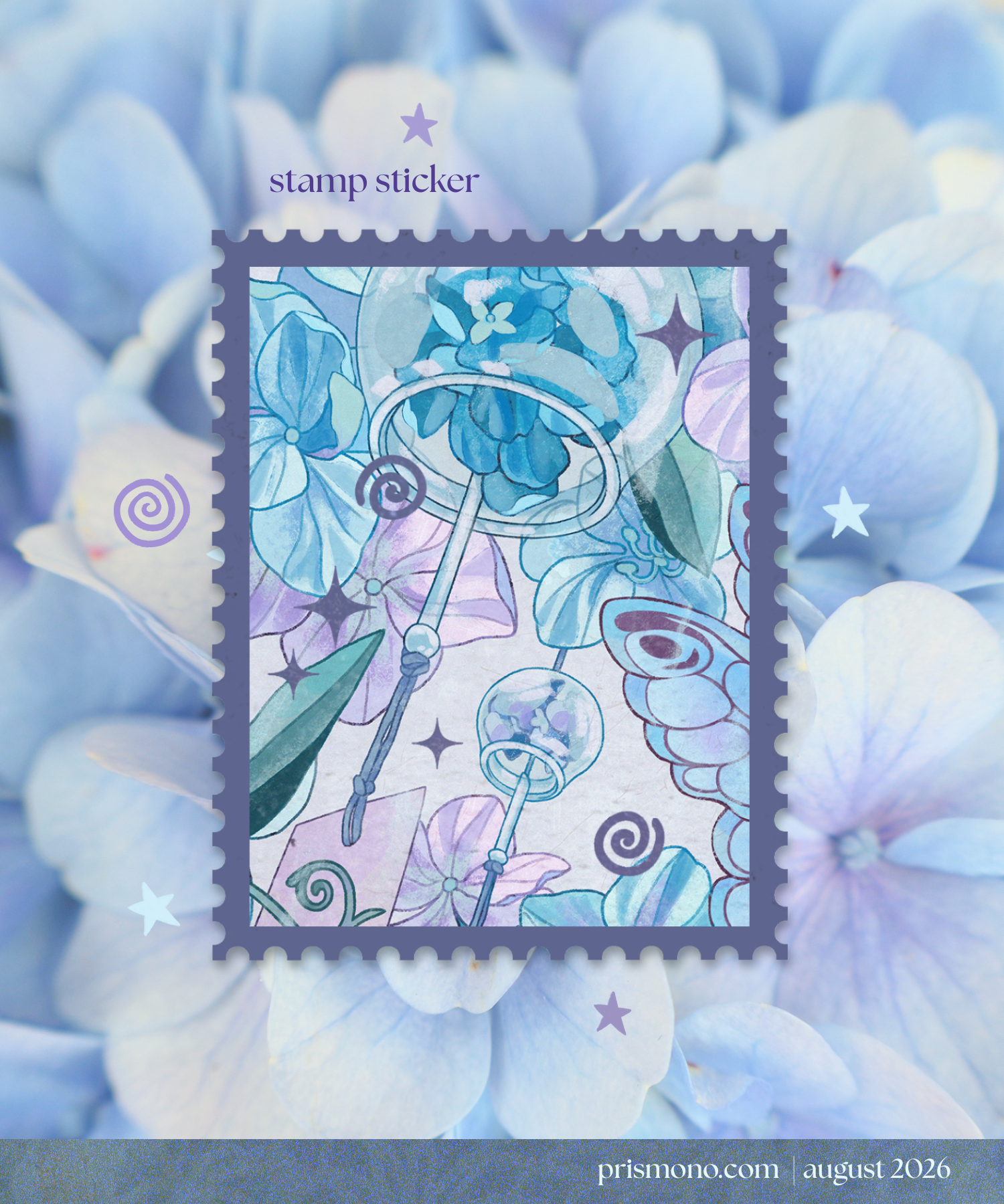 A square stamp sticker design featuring pastel blue, purple, and green floral artwork with a stylized wind chime and stars, centered over a blurred background of pale blue hydrangea-like flowers. Text at the top reads 'stamp sticker'.