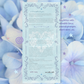 A printed love letter card with a decorative border and cursive text, shown against a soft background of blue and white hydrangea flowers. The card includes sample text and a faint heart design in the center.