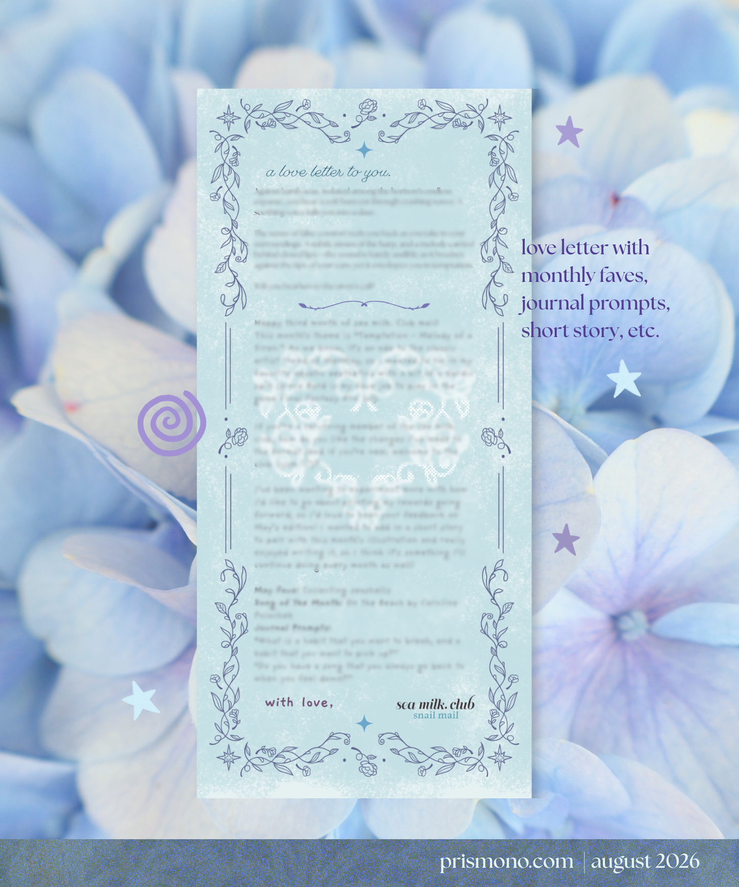 A printed love letter card with a decorative border and cursive text, shown against a soft background of blue and white hydrangea flowers. The card includes sample text and a faint heart design in the center.