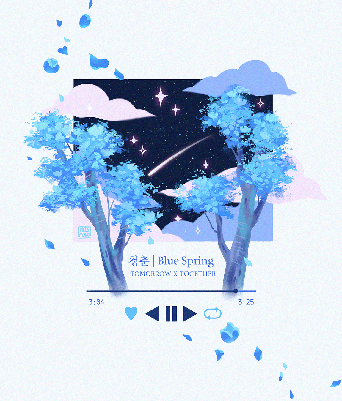 Tomorrow x Together TXT Blue Spring Postcard Art Print with Beautiful Blue Trees and Song Playlist Design
