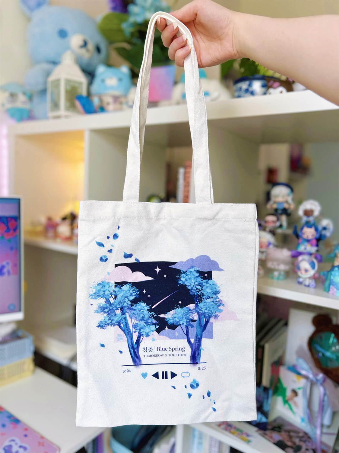 A high quality canvas tote bag in honor of Tomorrow x Together's song Blue Spring from their ACT: Sweet Mirage tour Kpop