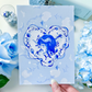 Cute Coquette Blue and White Porcelain Keychain Postcard Art Print with Swan Ballet and Floral Cupid Valentine Aesthetic