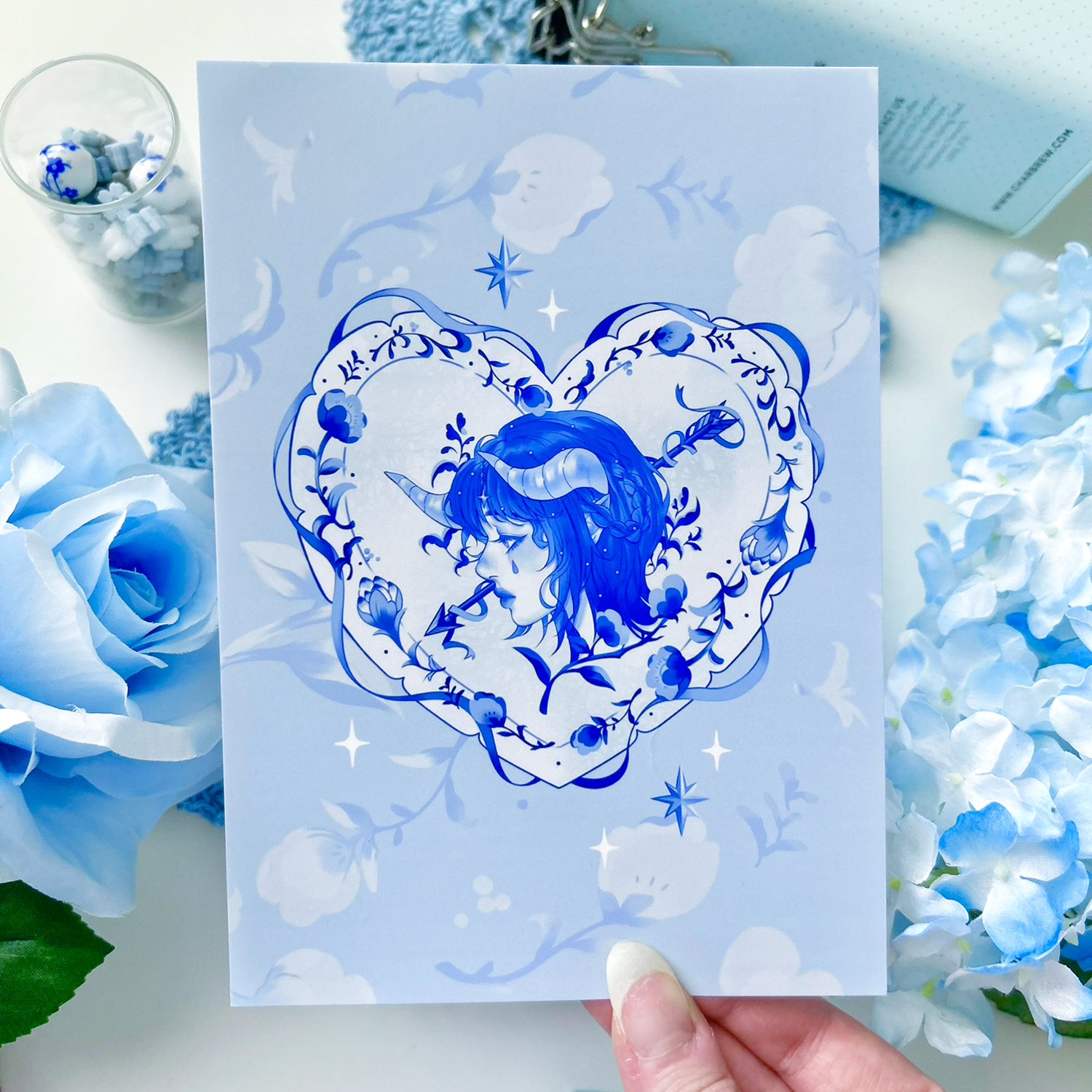 Cute Coquette Blue and White Porcelain Keychain Postcard Art Print with Swan Ballet and Floral Cupid Valentine Aesthetic