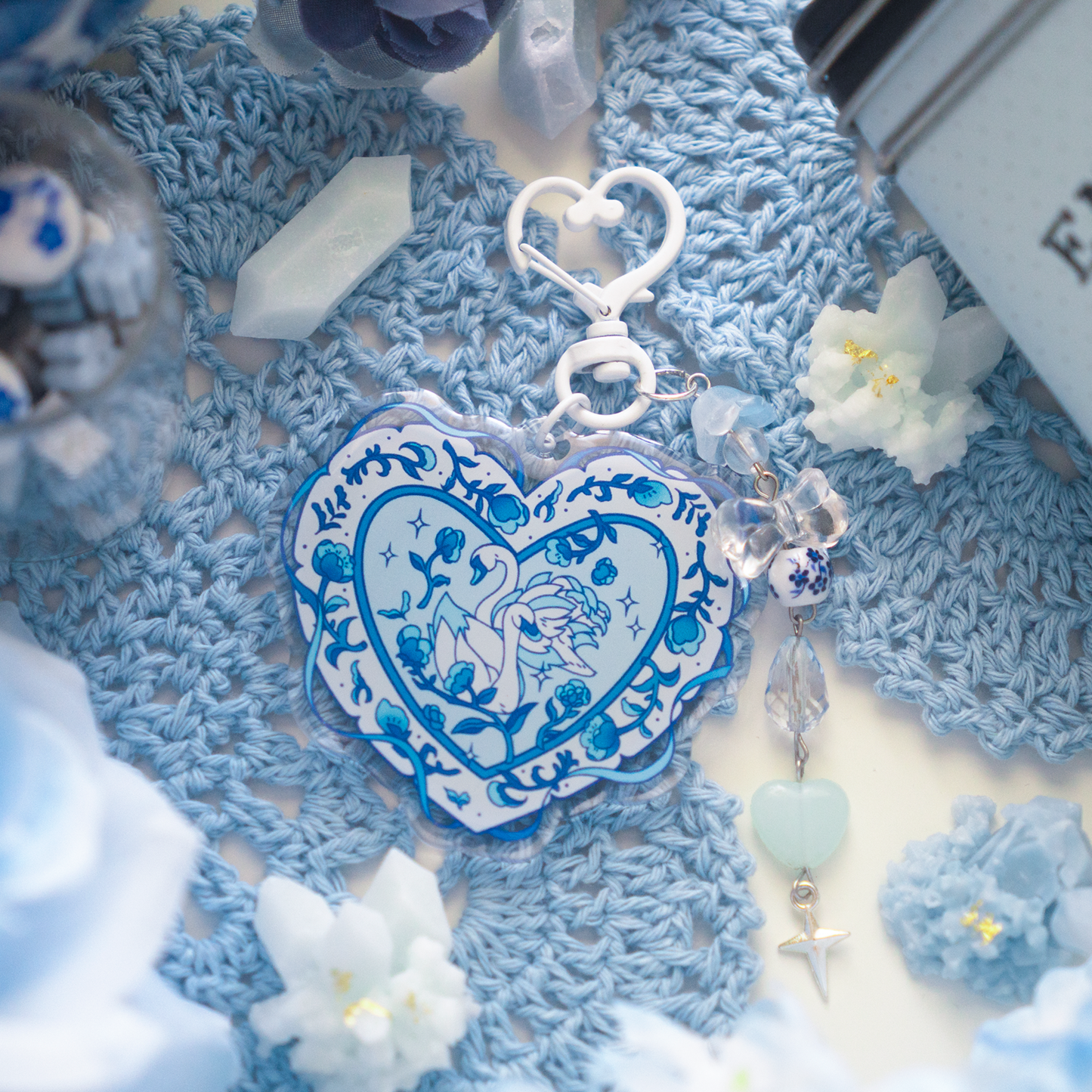 Cute Coquette Blue and White Porcelain Keychain Keyring Charm with Swan Ballet and Floral Valentine Aesthetic