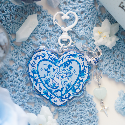 Cute Coquette Blue and White Porcelain Keychain Keyring Charm with Swan Ballet and Floral Valentine Aesthetic