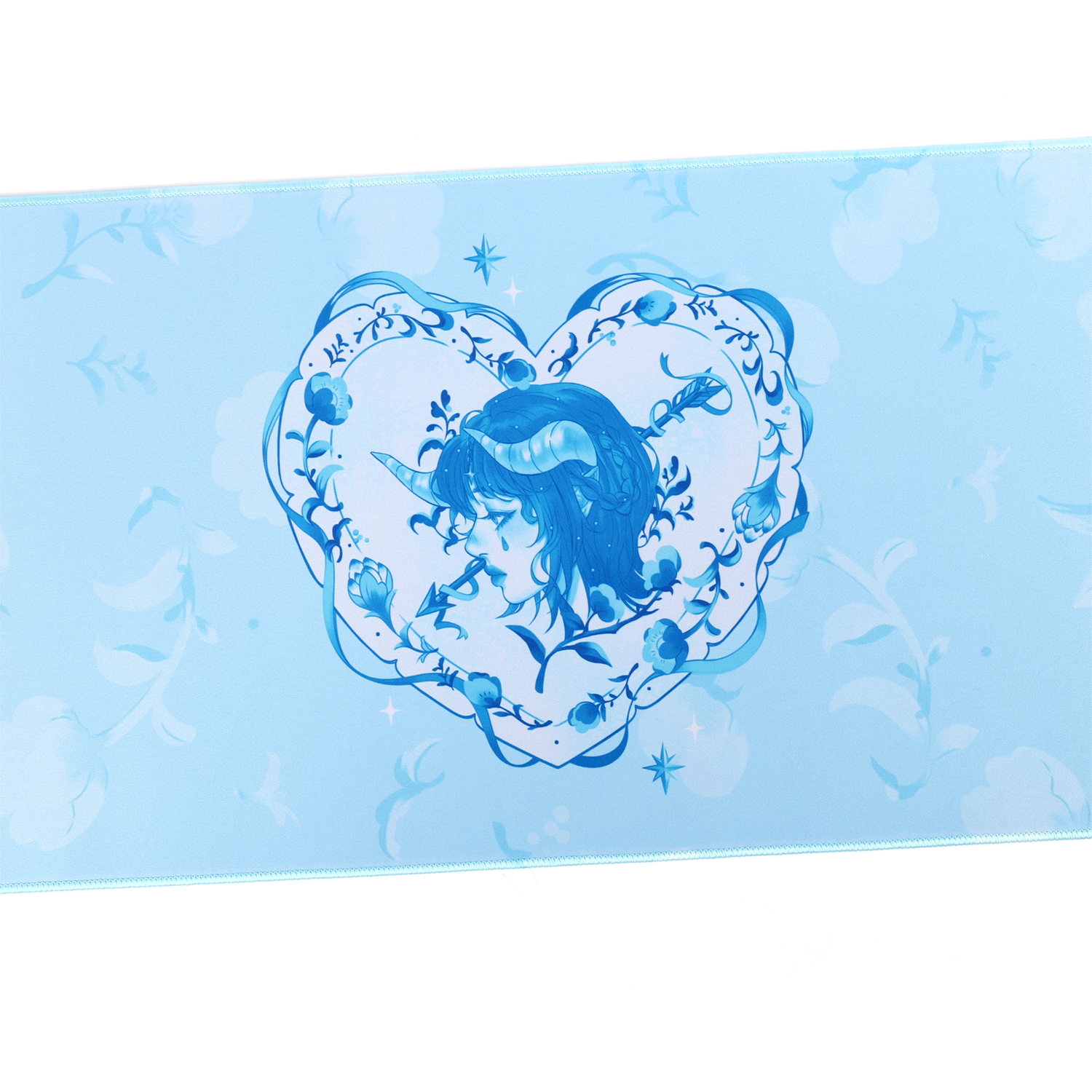 Decorative heart-shaped cupid swan themed mousepad desk mat for cute gaming set-ups and coquette blue and white theme.
