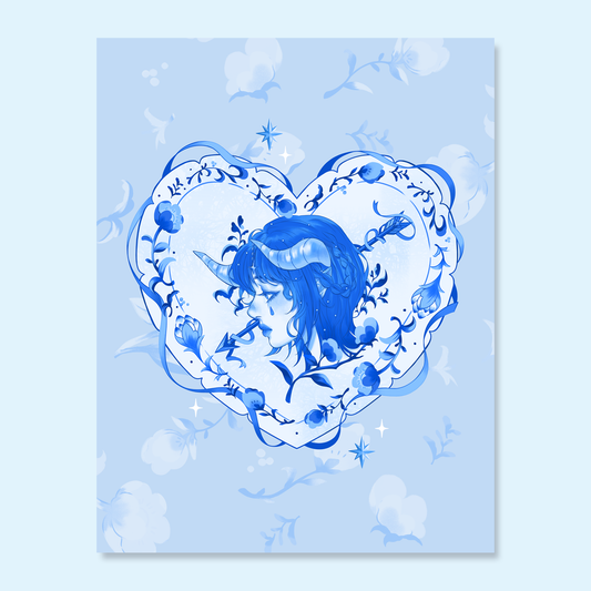 Cute Coquette Blue and White Porcelain Keychain Postcard Art Print with Swan Ballet and Floral Cupid Valentine Aesthetic