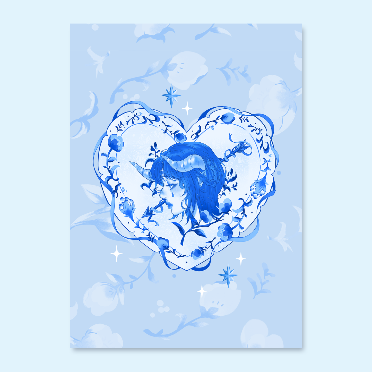 Cute Coquette Blue and White Porcelain Keychain Postcard Art Print with Swan Ballet and Floral Cupid Valentine Aesthetic