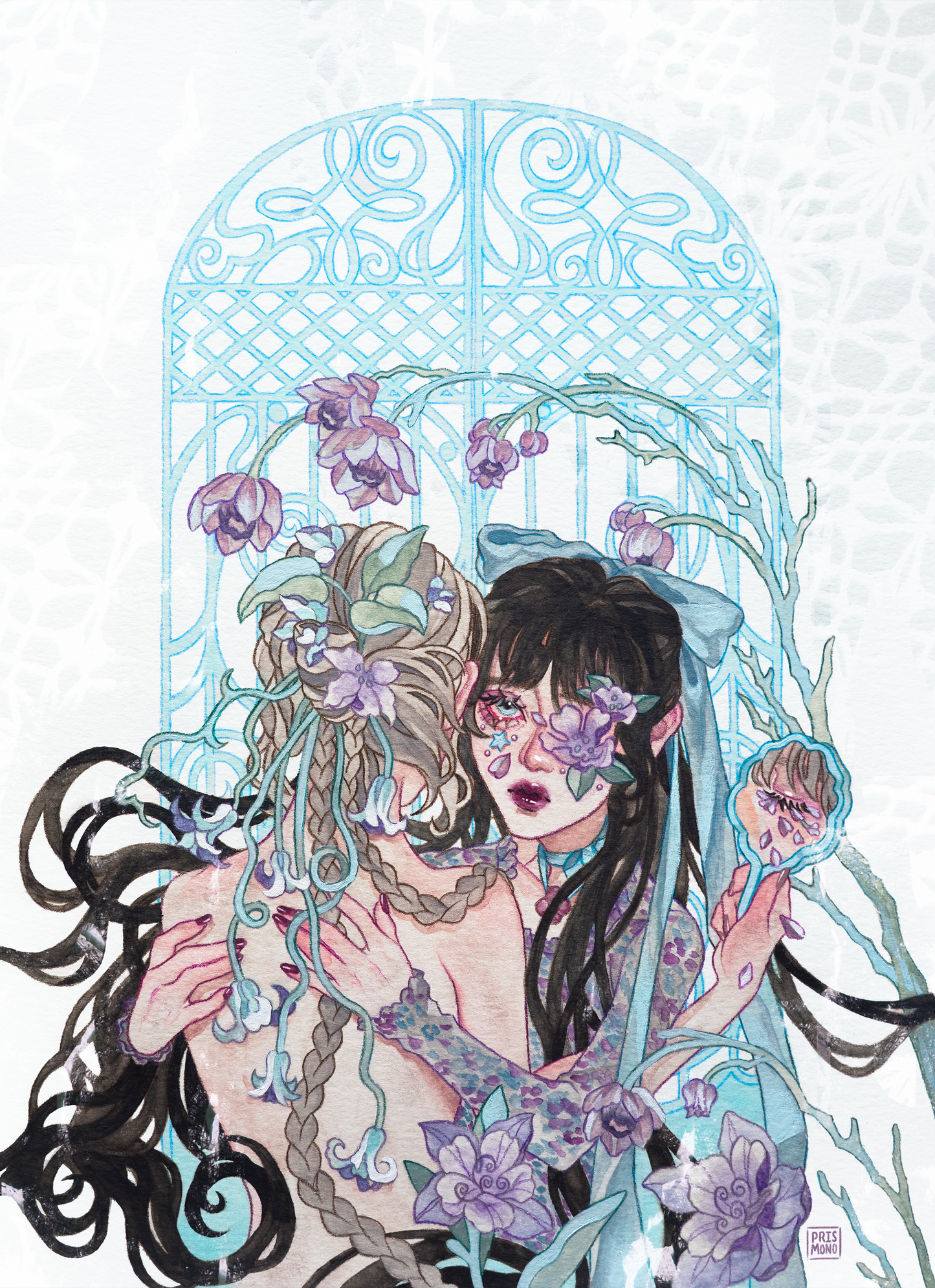 A hand-painted illustration of two girls hugging in a botanical forest with an ornate gate in the background. Burgundy, plum, brown, and mint blue colors fill the painting.