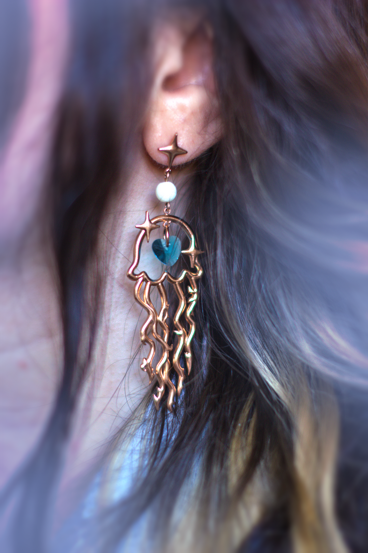 Jellyfish Garden Hypoallergenic Stainless Steel Dangle Earrings Mismatched Jewelry Japanese Fashion Aquatic Ocean Sea Inspired Jewelry Design Rose Gold