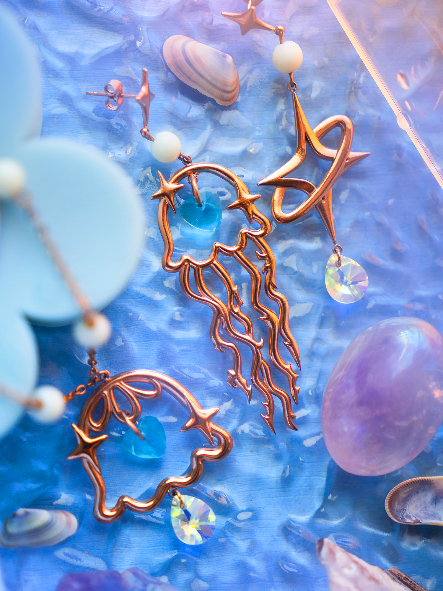 Jellyfish Garden Hypoallergenic Stainless Steel Dangle Earrings and Necklace Mismatched Jewelry Japanese Fashion Aquatic Ocean Sea Inspired Jewelry Design Rose Gold