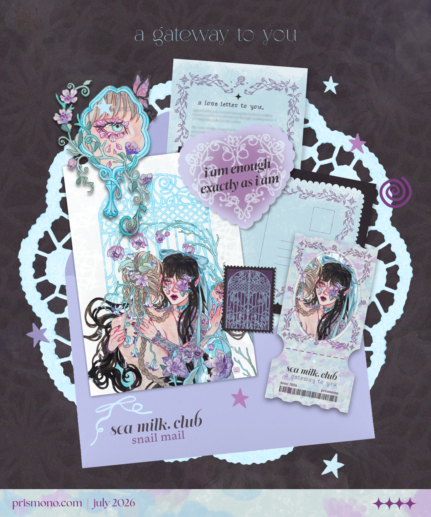 Collection of artistic sea milk snail mail club products including a postcard, sticker, ticket photocard, and love letter on a brown background.