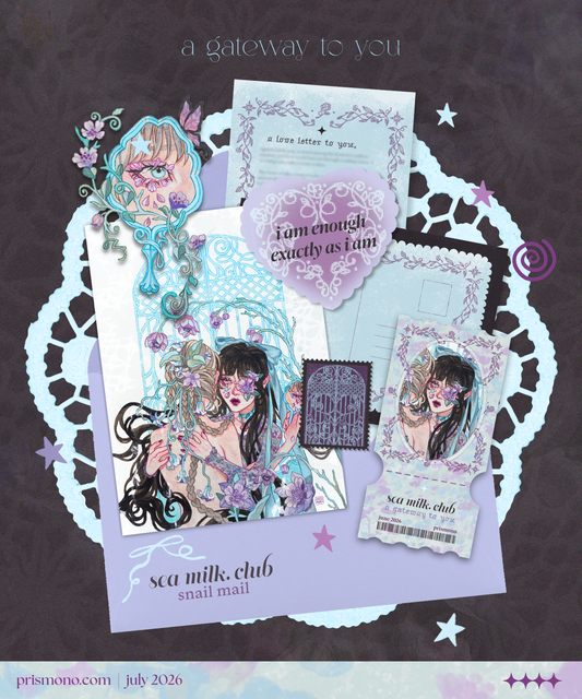 Collection of artistic sea milk snail mail club products including a postcard, sticker, ticket photocard, and love letter on a brown background.