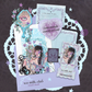 Collection of artistic sea milk snail mail club products including a postcard, sticker, ticket photocard, and love letter on a brown background.