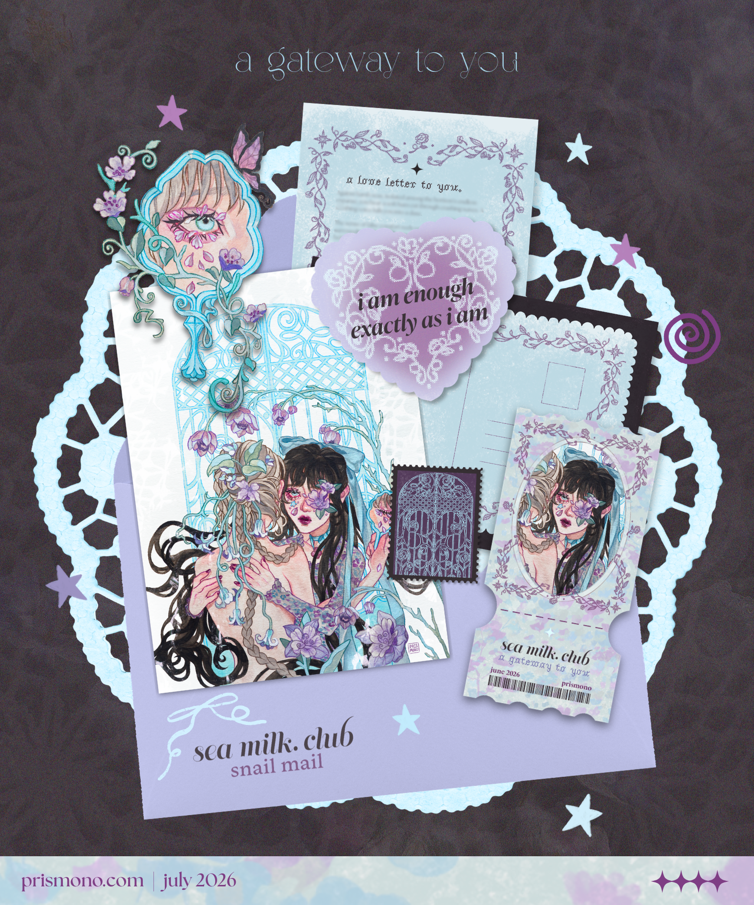 Collection of artistic sea milk snail mail club products including a postcard, sticker, ticket photocard, and love letter on a brown background.