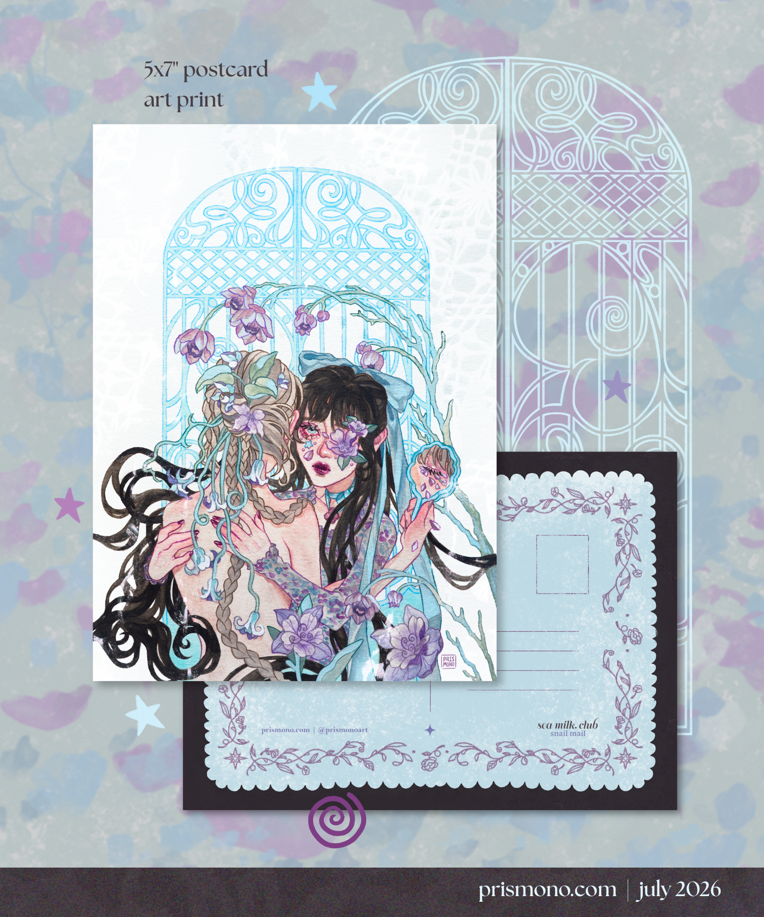 A double sided postcard art print with a fantasy inspired, dreamy painting of two women hugging in a botanical forest painted with watercolor and gouache.