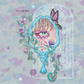 A stamp sticker and a transparent sticker for a snail mail club featuring a botanical, ornate mirror, a decorative gate, butterfly, and flowers.