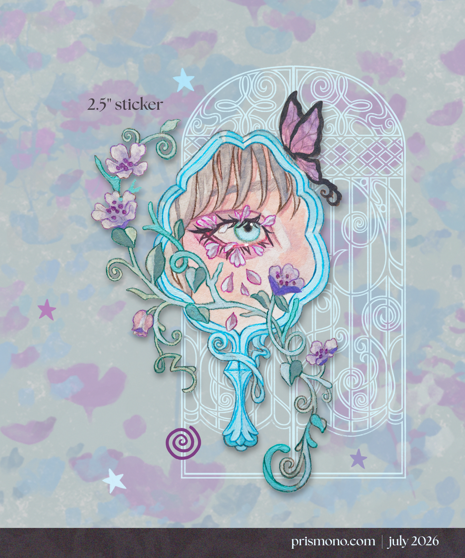 A stamp sticker and a transparent sticker for a snail mail club featuring a botanical, ornate mirror, a decorative gate, butterfly, and flowers.