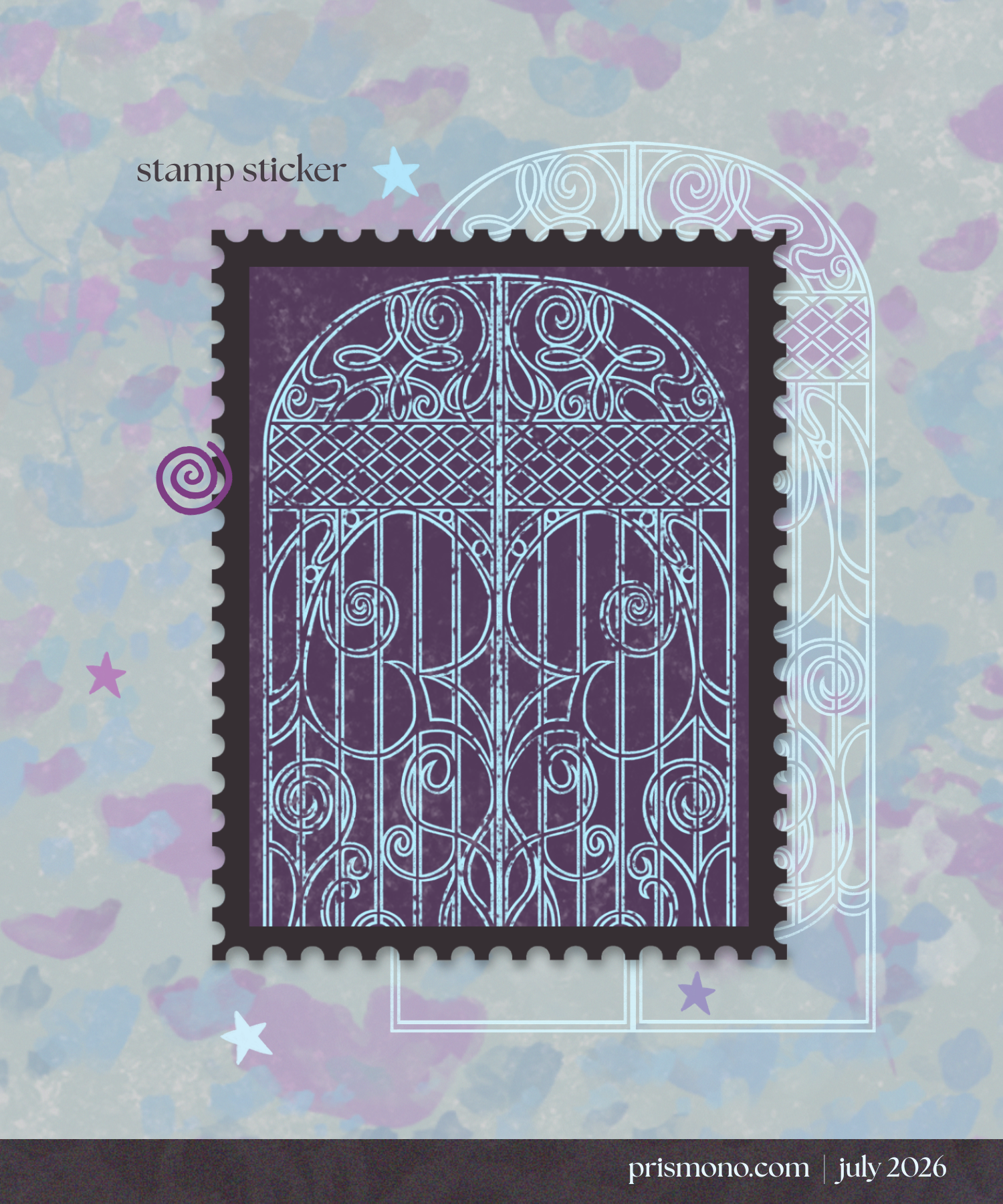A stamp sticker and a transparent sticker for a snail mail club featuring a botanical, ornate gate.