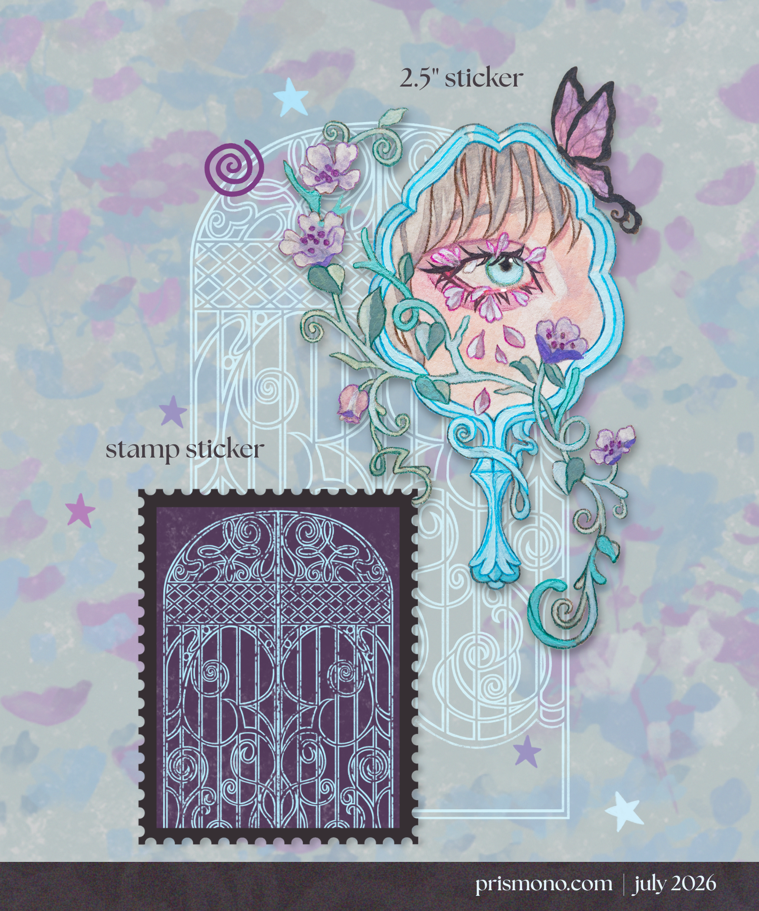 A stamp sticker and a transparent sticker for a snail mail club featuring a botanical, ornate mirror, a decorative gate, butterfly, and flowers.