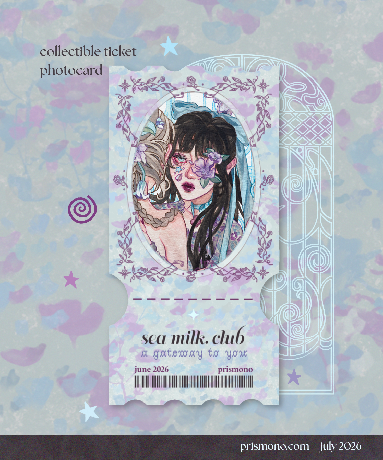 A collectible ticket photocard featuring an oval portrait of a hand painted, fantasy inspired illustration. The artwork features a girl with lavender purple flowers and a baby blue ribbon in her hair.