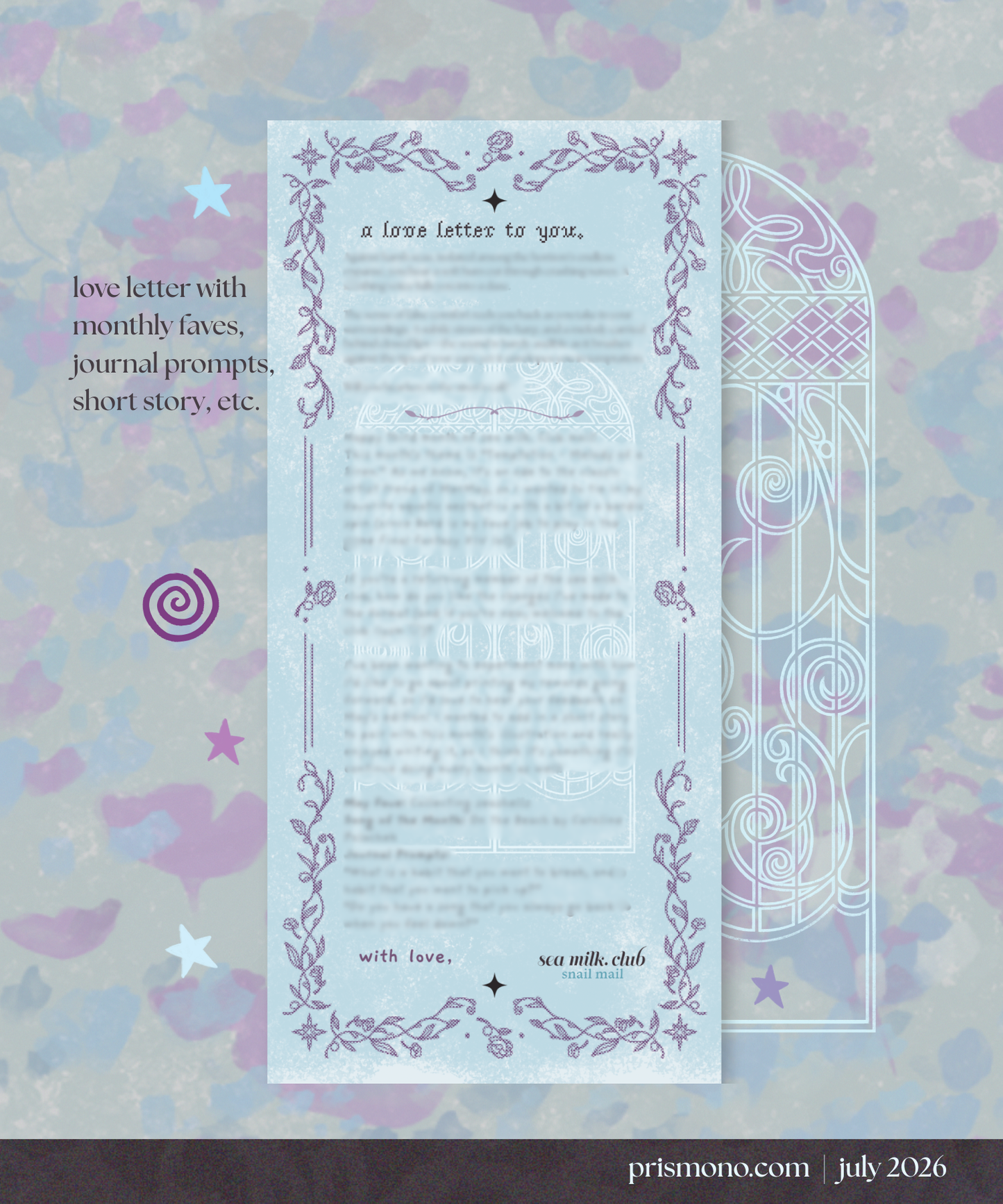 An ornate love letter for a snail mail club decorated with plants, flowers, and stars.