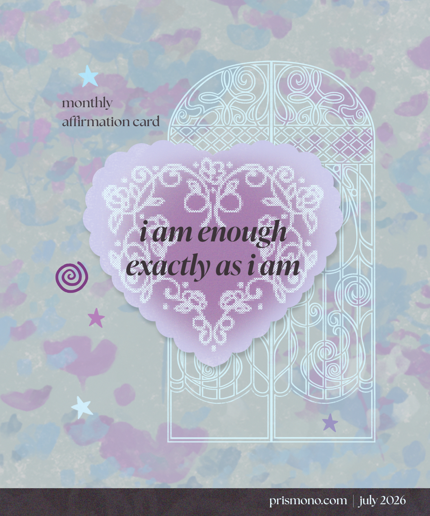 A heart-shaped self affirmation card for a snail mail club that features an inspiring, self help quote against a purple and plum background.