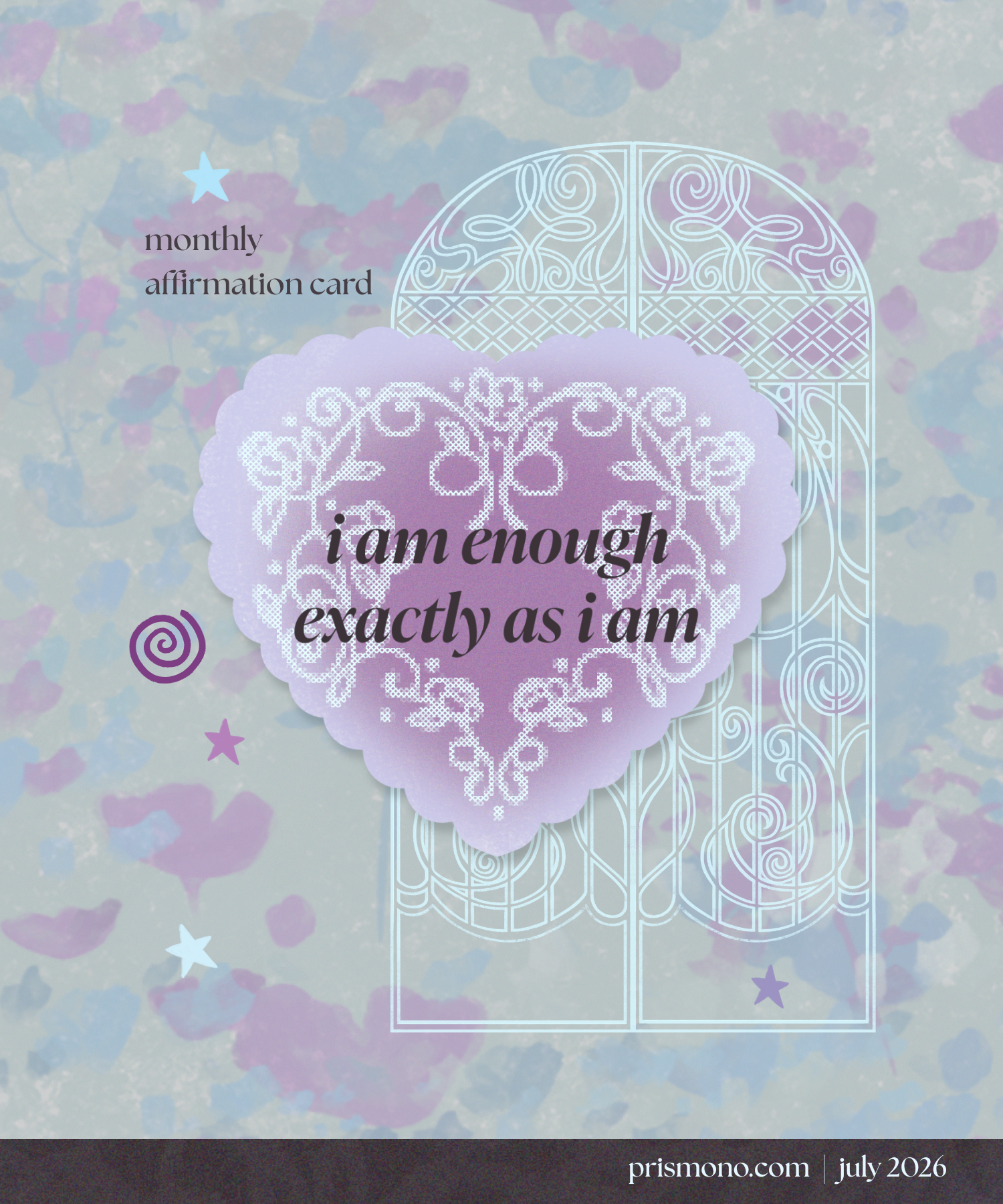 A heart-shaped self affirmation card for a snail mail club that features an inspiring, self help quote against a purple and plum background.