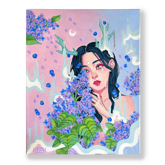"Lilacs & Blueberries" Acrylic Painting on Canvas - 8x12in