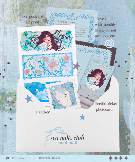 Collection of swan themed stationery featuring an art print postcard, sticker, photocard, and letter in a snail mail club envelope.