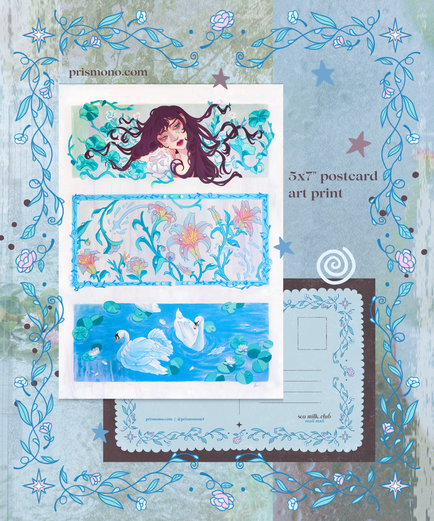 Swan art print postcard in a snail mail club set with decorative elements on a textured background