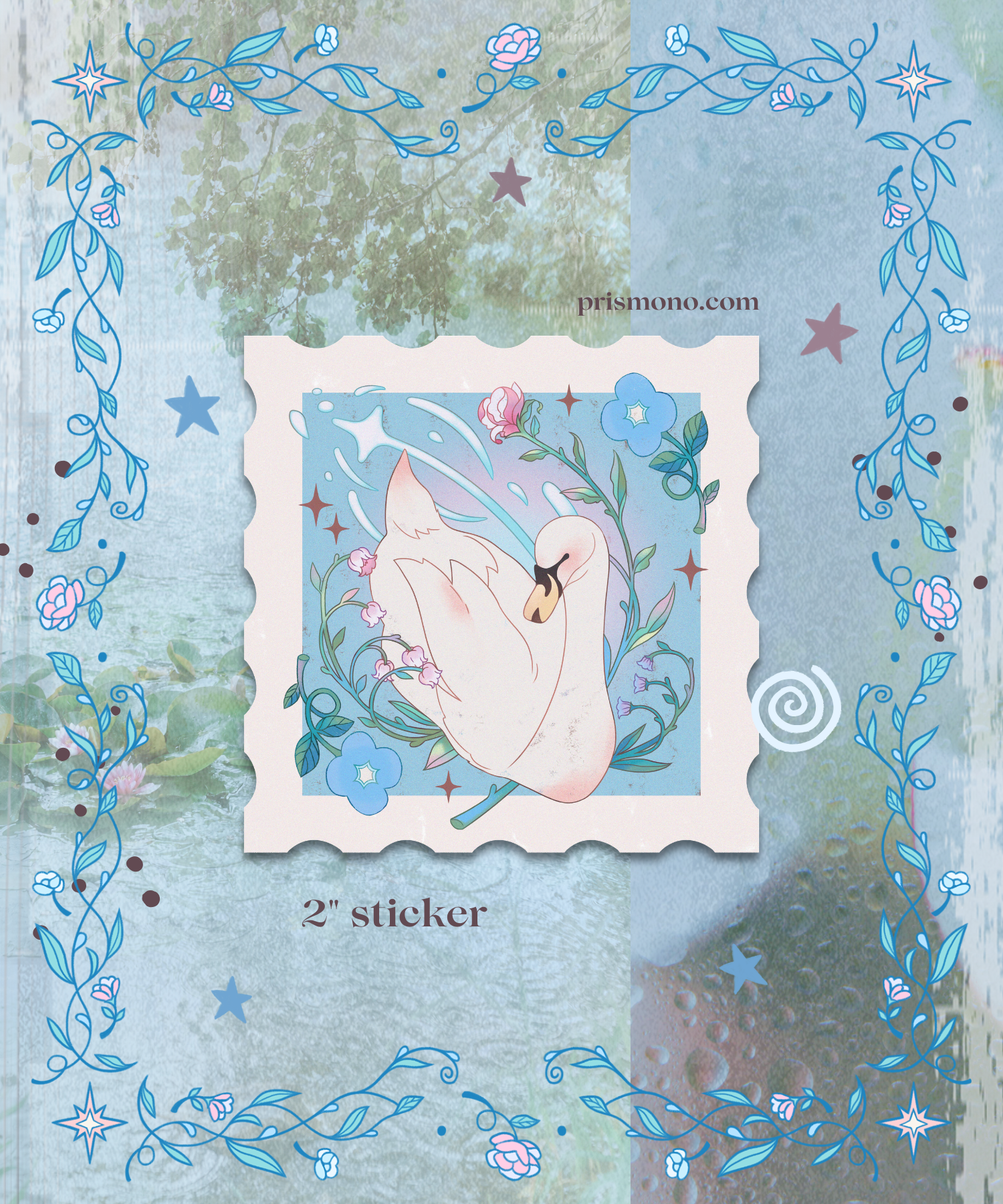 Decorative sticker with a swan design on a floral and vine patterned background included in monthly snail mail club