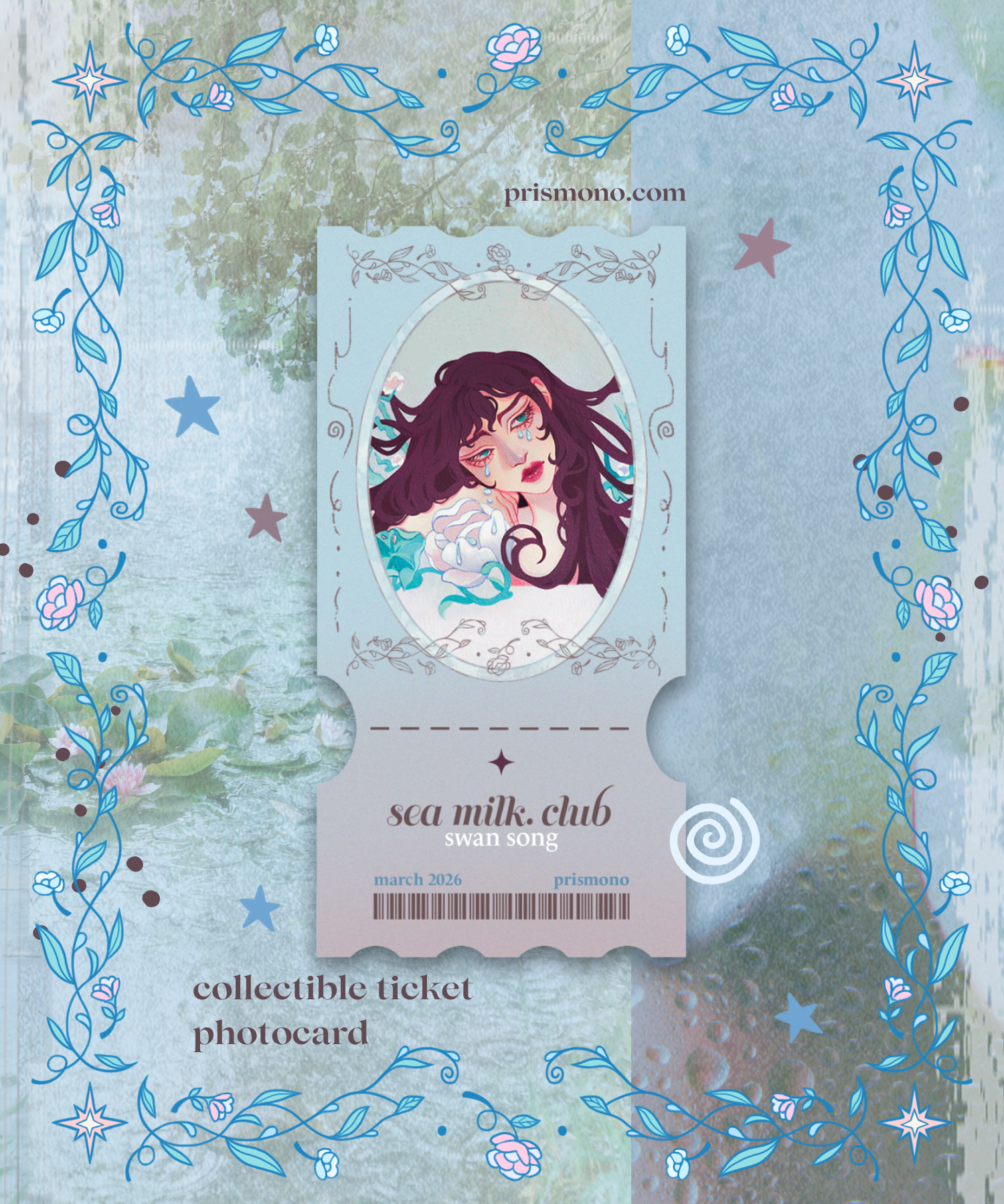 Collectible ticket photocard with artistic design on a decorative background included in monthly snail mail club