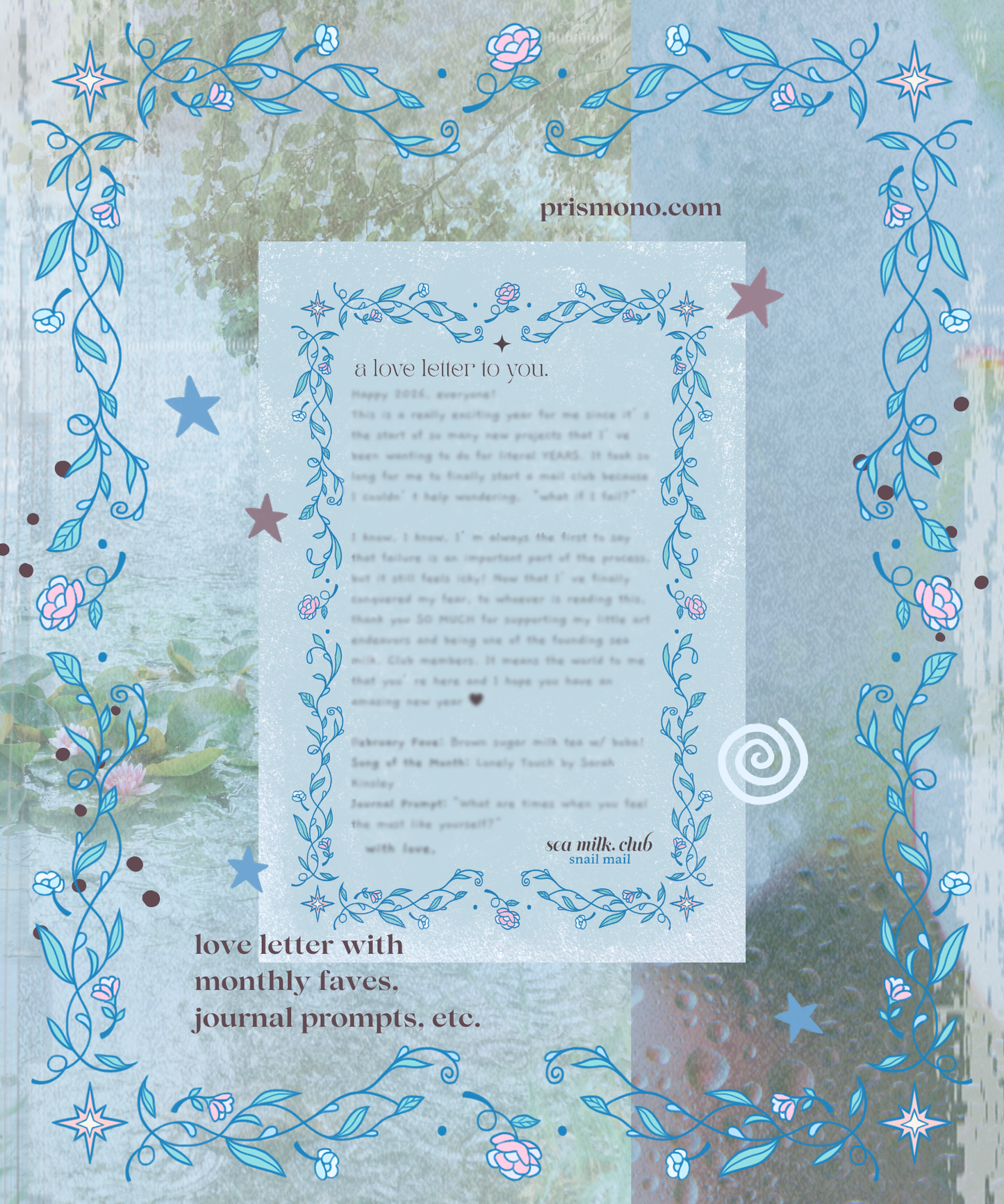 Decorative paper with floral designs and a love letter text on a textured background included in monthly snail mail club
