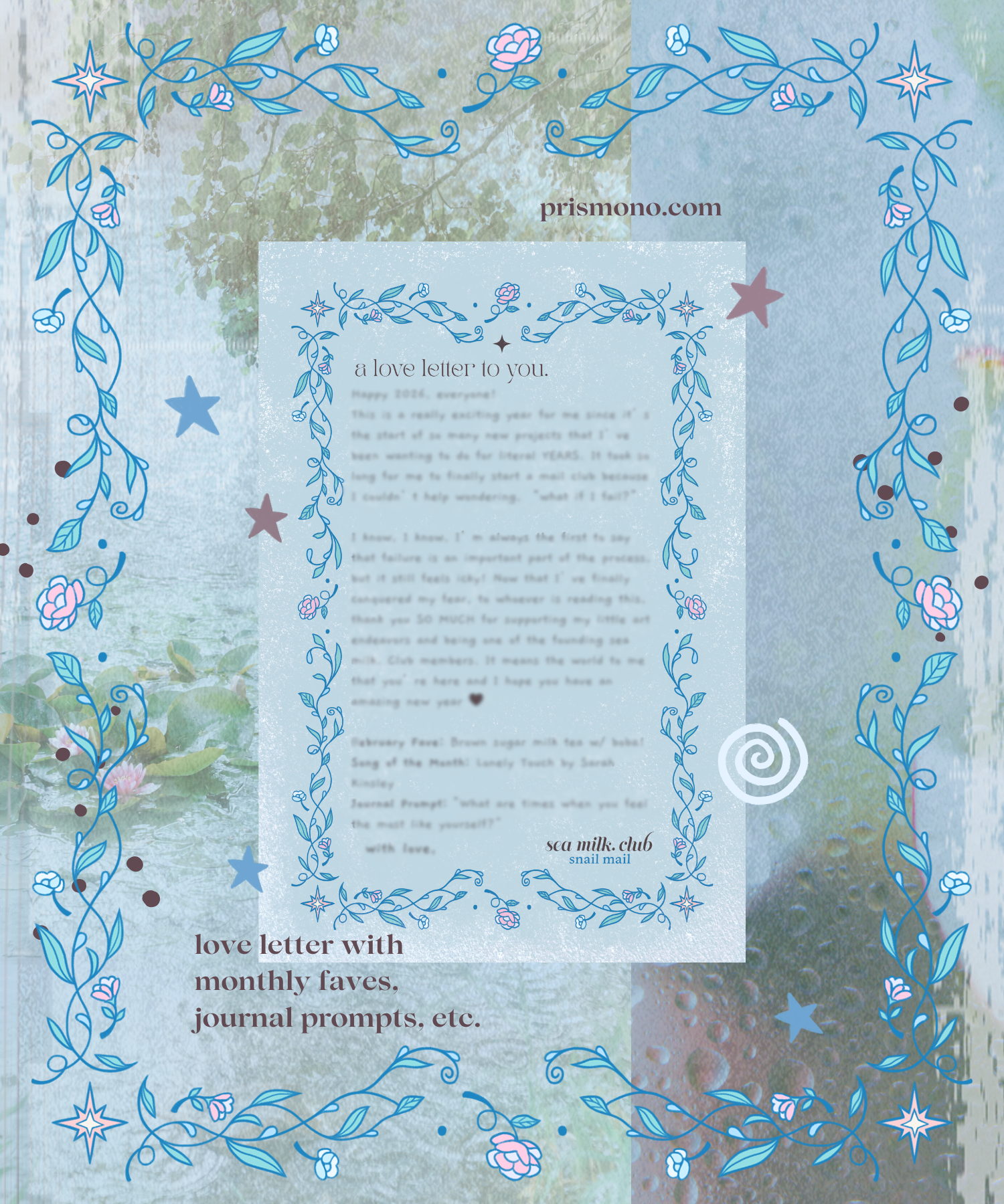 Decorative paper with floral designs and a love letter text on a textured background included in monthly snail mail club
