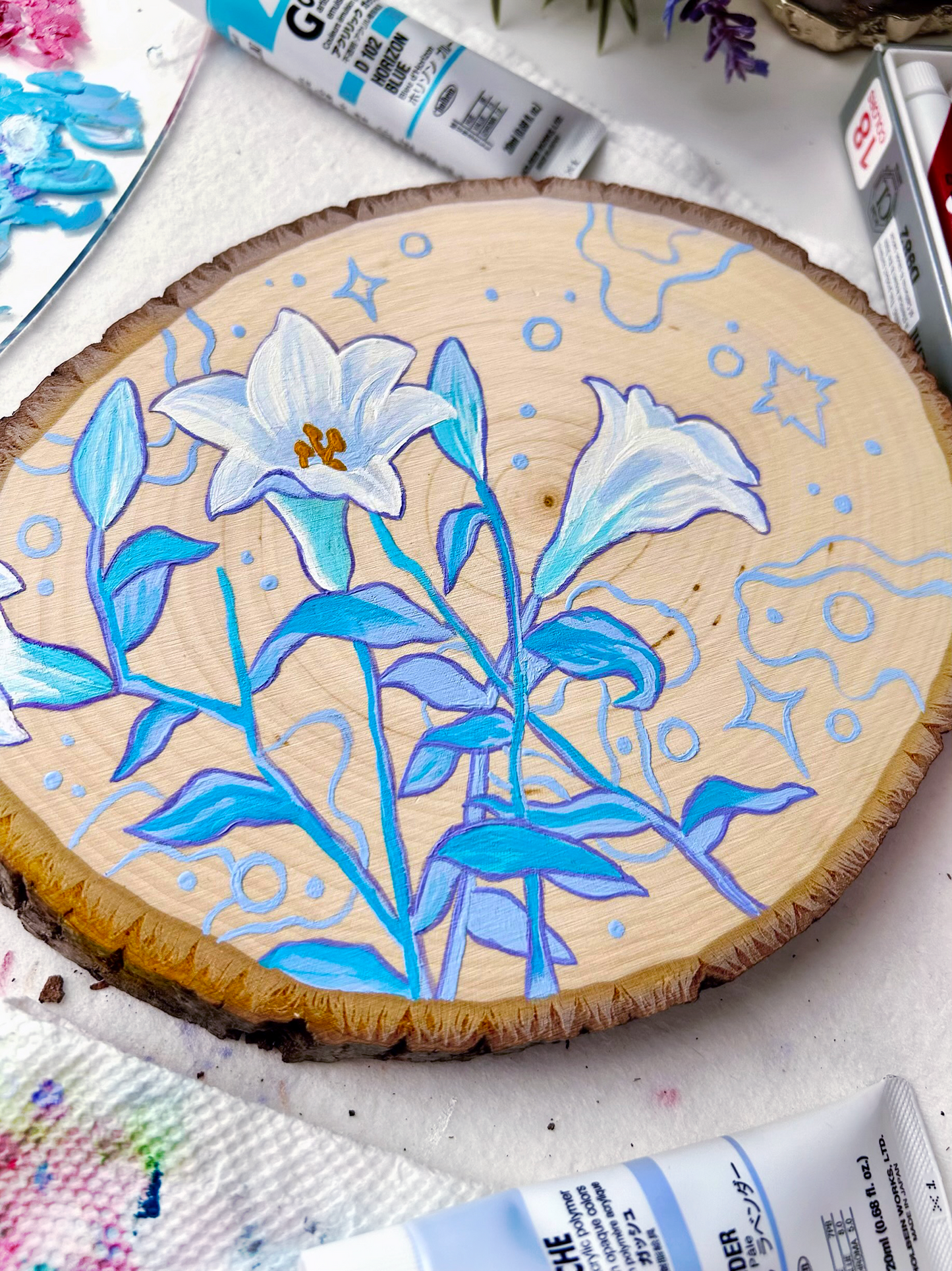 "Memories of Spring" Gouache Painting on Wood Slice - 6x7in