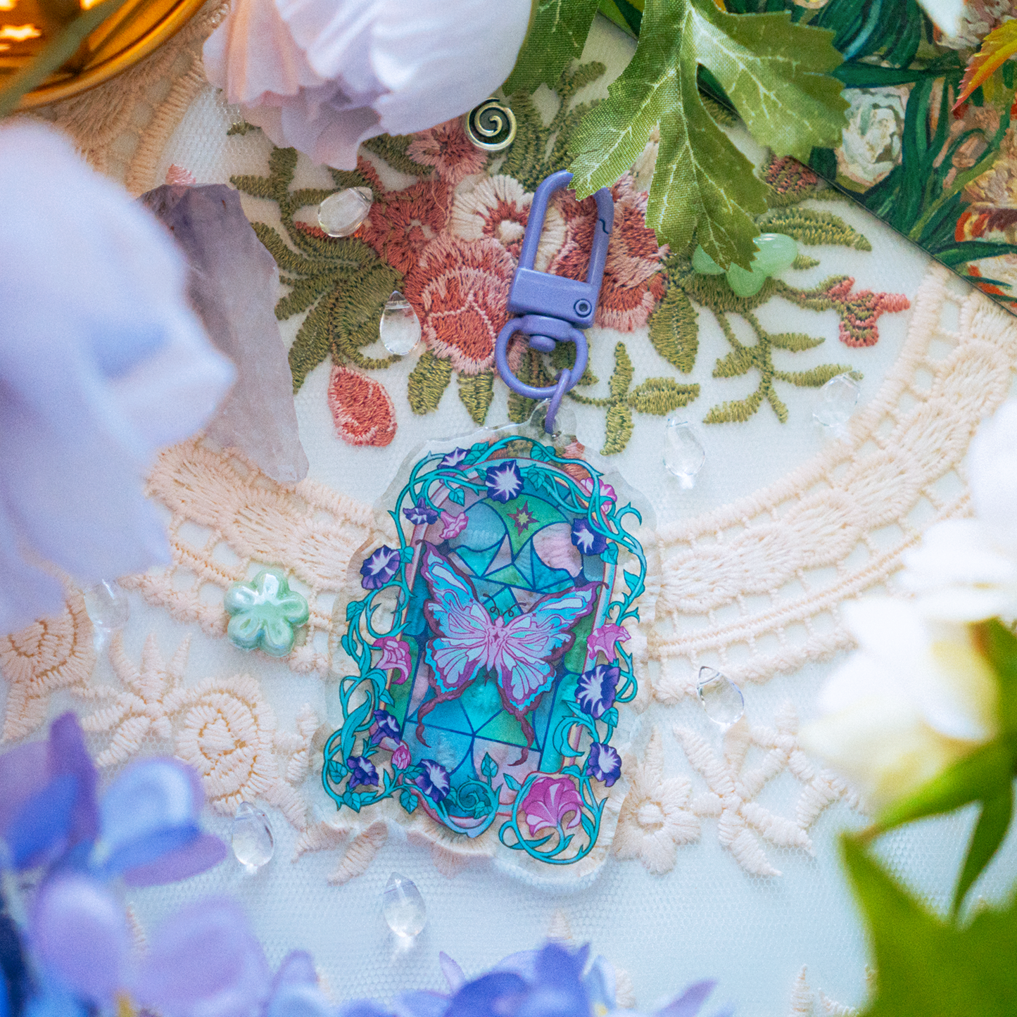 Stained Glass Butterfly Floral Transparent Acrylic Keychain Ghibli Cozy Aesthetic