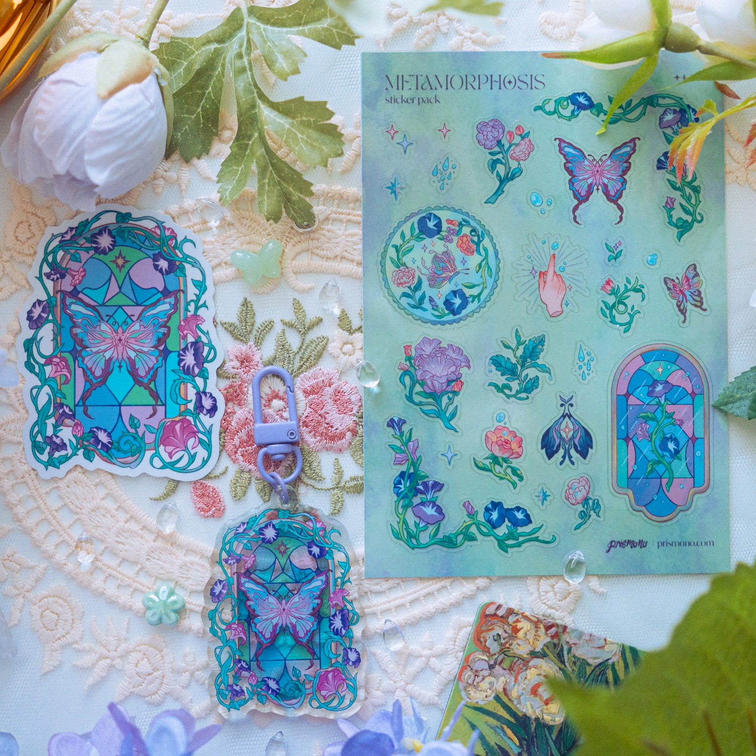 Stained Glass Butterfly Floral Transparent Sticker 3 Inch Ghibli Cozy Aesthetic Keychain Sticker sheet