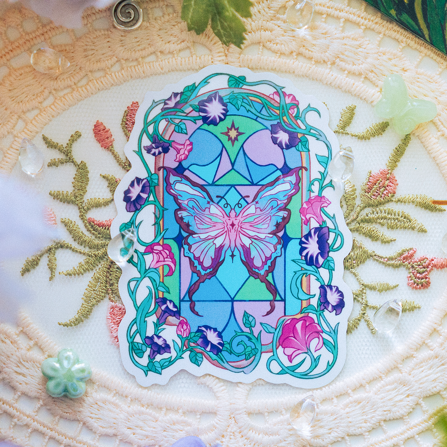 Stained Glass Butterfly Floral Transparent Sticker 3 Inch Ghibli Cozy Aesthetic