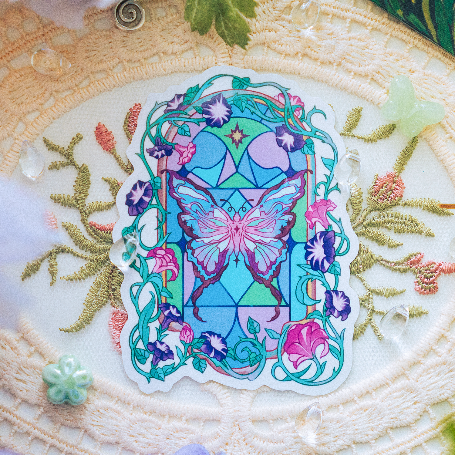 Stained Glass Butterfly Floral Transparent Sticker 3 Inch Ghibli Cozy Aesthetic