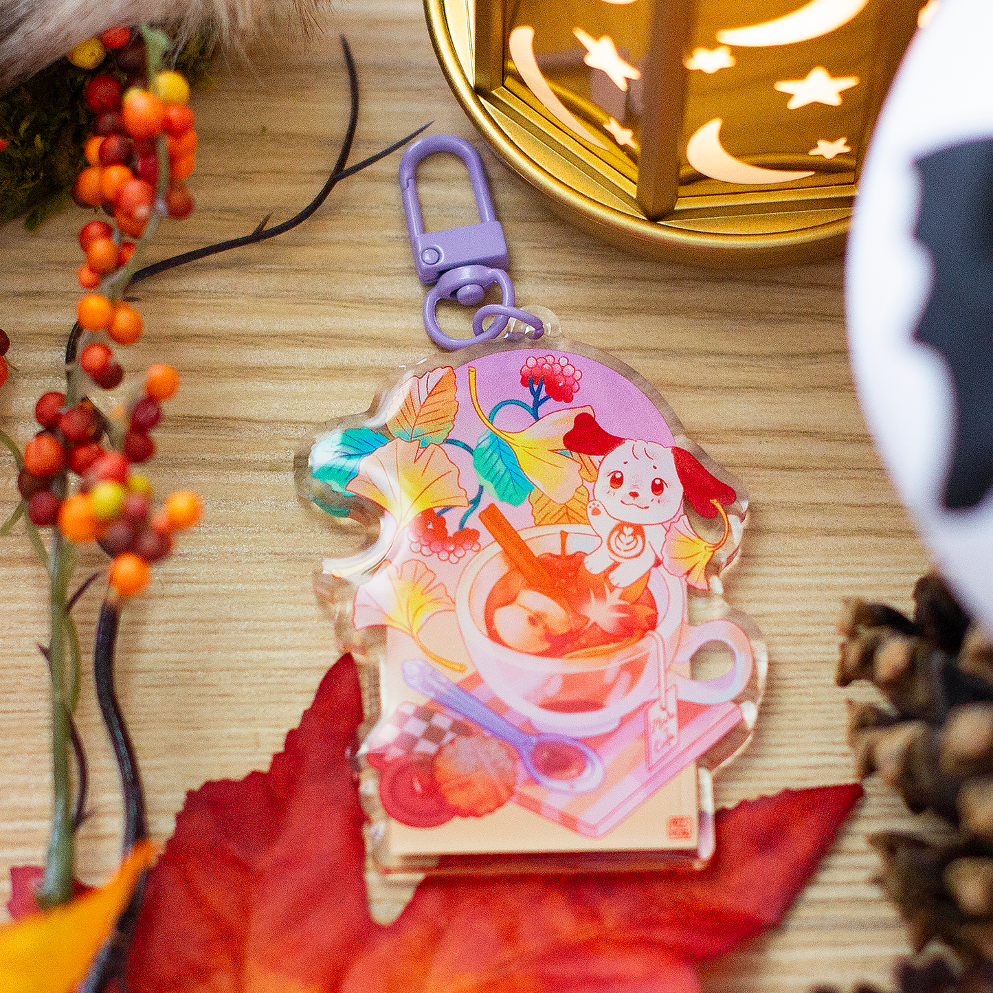 Adorable Mocha Cafe Autumn Fall Acrylic Keychain with Kawaii Puppy Dog Character and Desserts