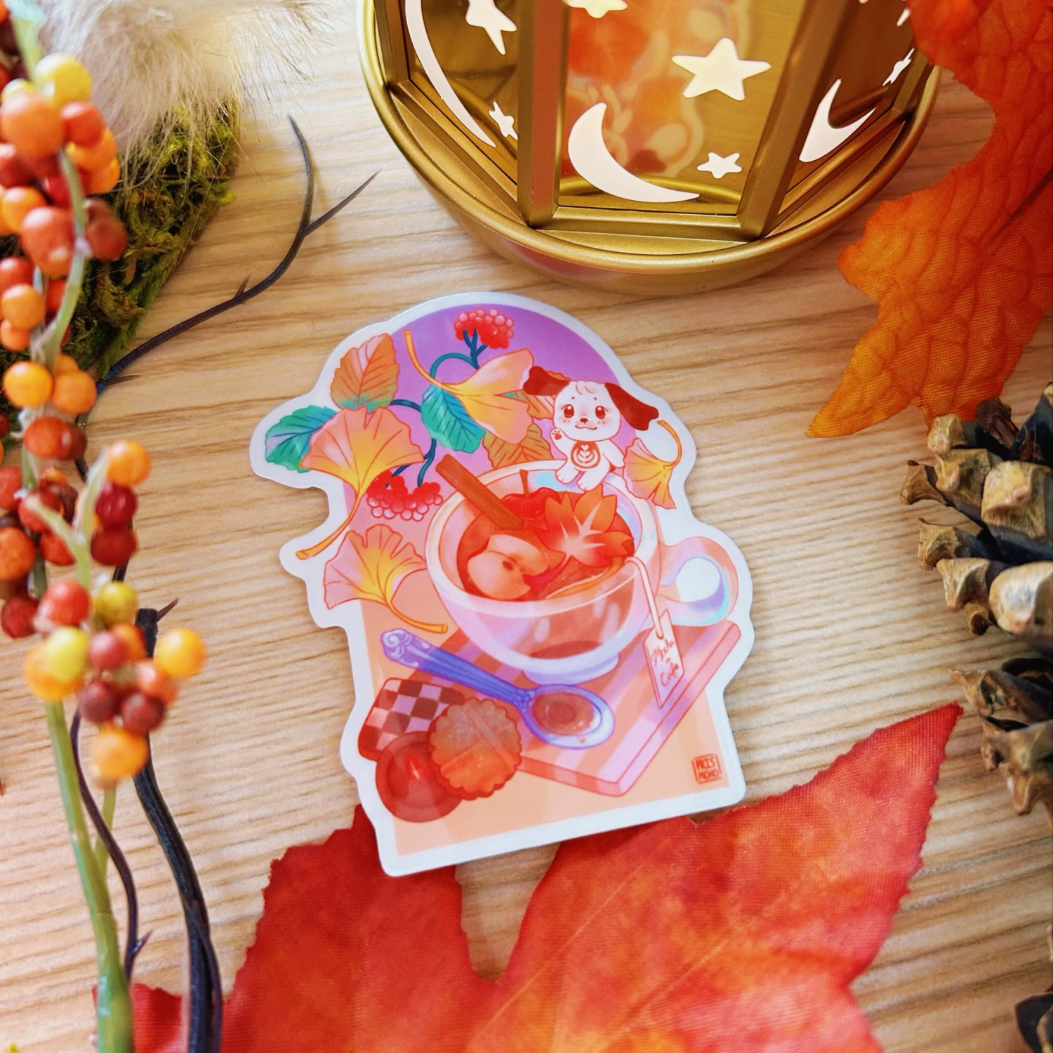 Adorable Mocha Cafe Autumn Fall Transparent Sticker with Puppy Dog Character and Desserts