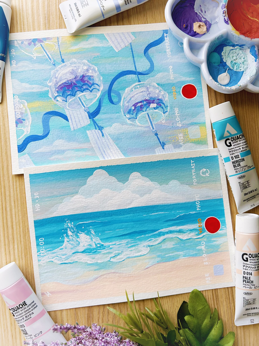 Nostalgic Aesthetic Beach Waves and Wind Chimes Gouache Painting Illustration Original Fine Art