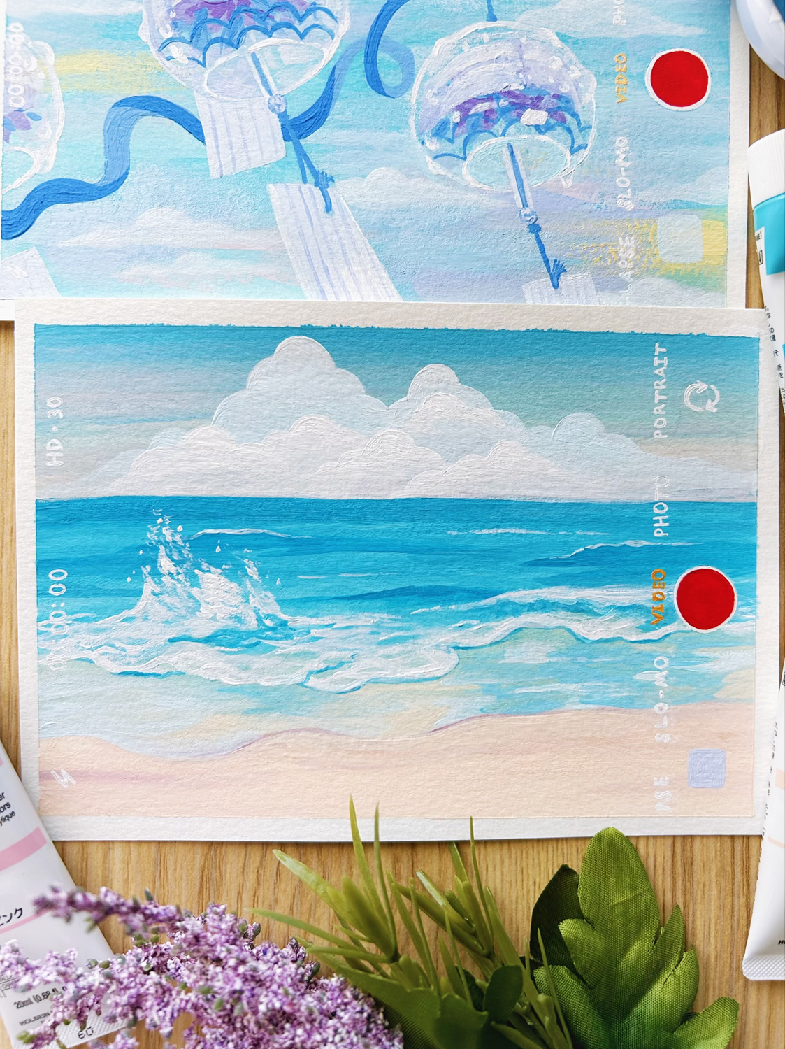 Nostalgic Aesthetic Beach Waves and Wind Chimes Gouache Painting Illustration Original Fine Art