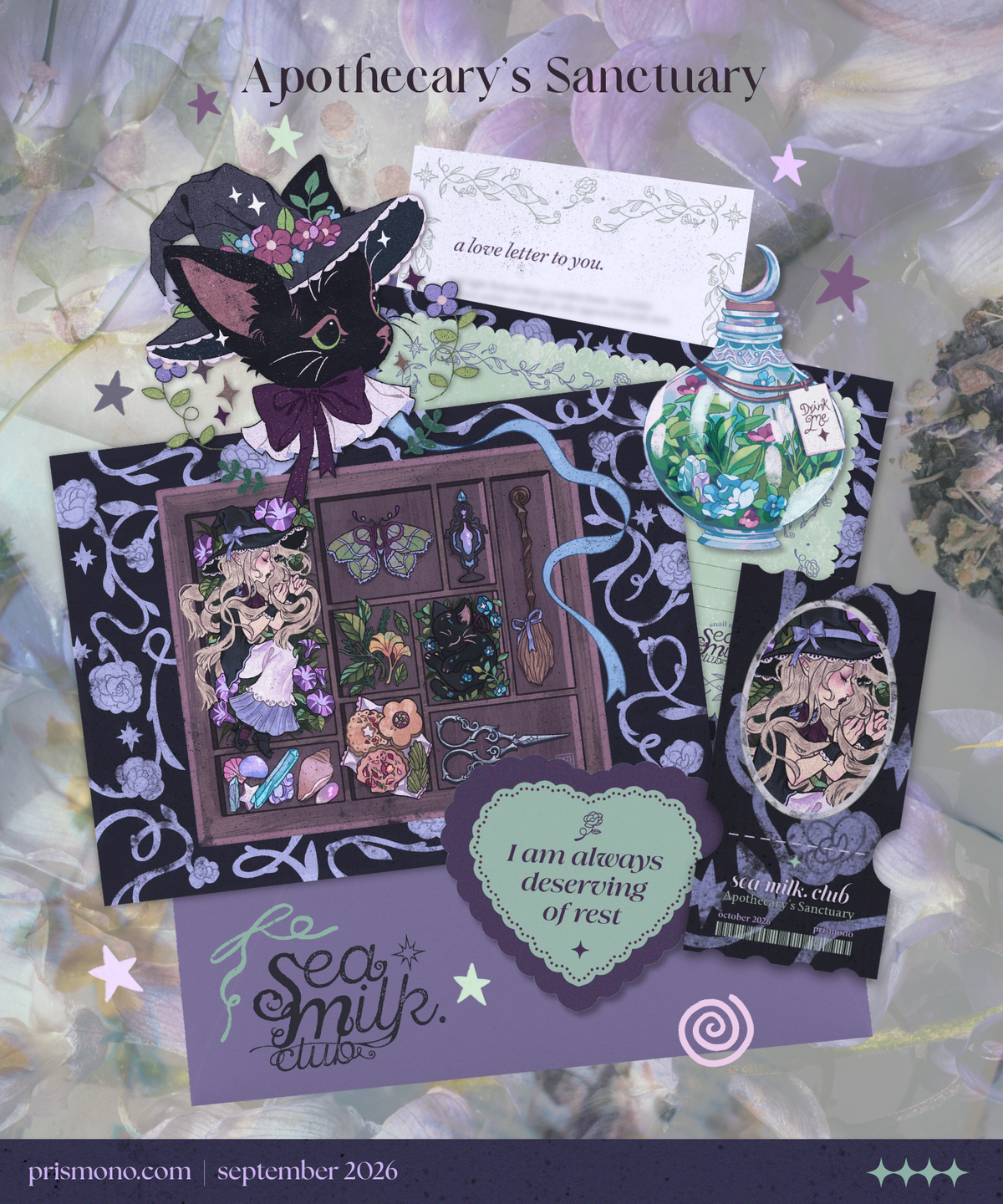 A Halloween witch apothecary themed monthly mail club featuring a whimsical, magical stationery set. The mail set includes a postcard art print, stickers, collectible ticket photocard, love letter, and a self affirmation card.