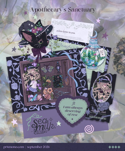 A Halloween witch apothecary themed monthly mail club featuring a whimsical, magical stationery set. The mail set includes a postcard art print, stickers, collectible ticket photocard, love letter, and a self affirmation card.