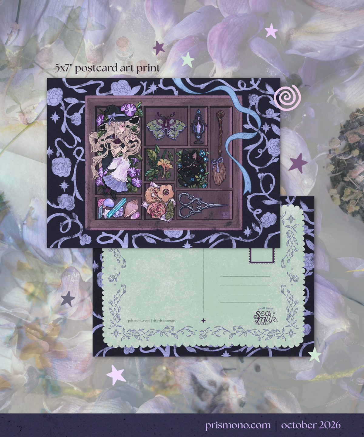A 5x7 postcard art print featuring a dark purple gothic illustration of a magical tool box with flowers, stars, and an apothecary witch, shown alongside a postcard blank with a sage green design. The print is displayed on a soft, dreamy lavender floral background.