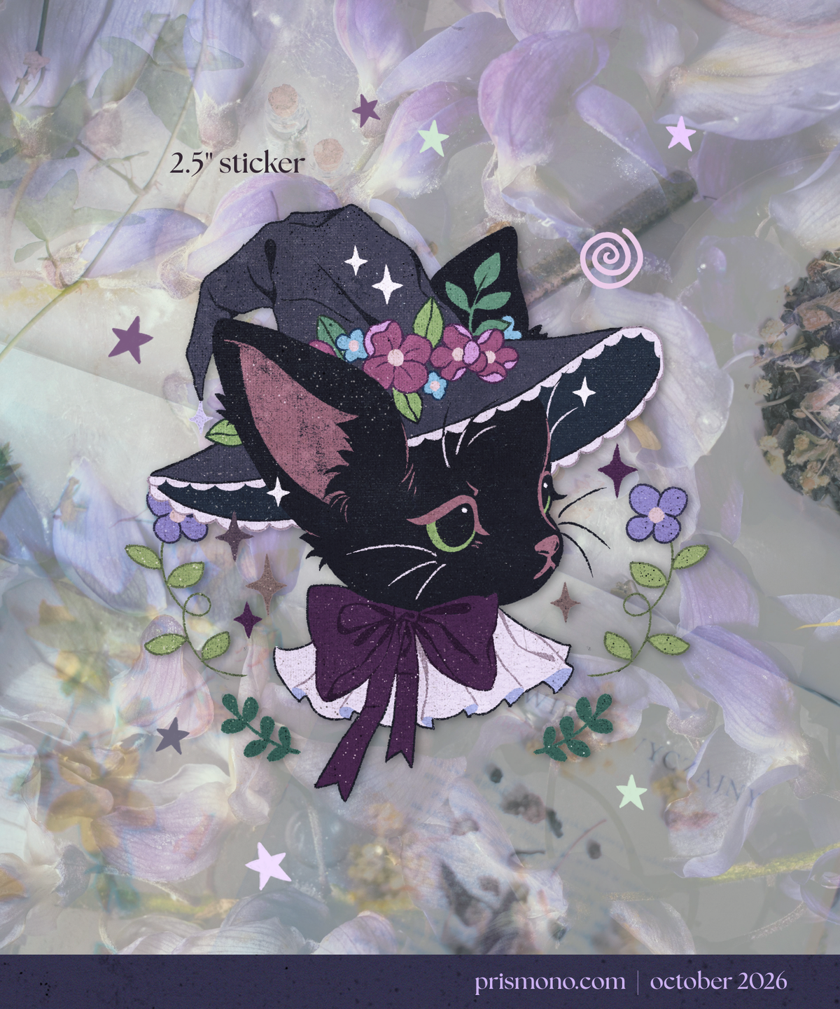 A decorative sticker design featuring a black cat wearing a witch hat adorned with pink and purple flowers, green leaves, and white stars, with a dark purple bow. The sticker is shown on a soft lavender floral background.